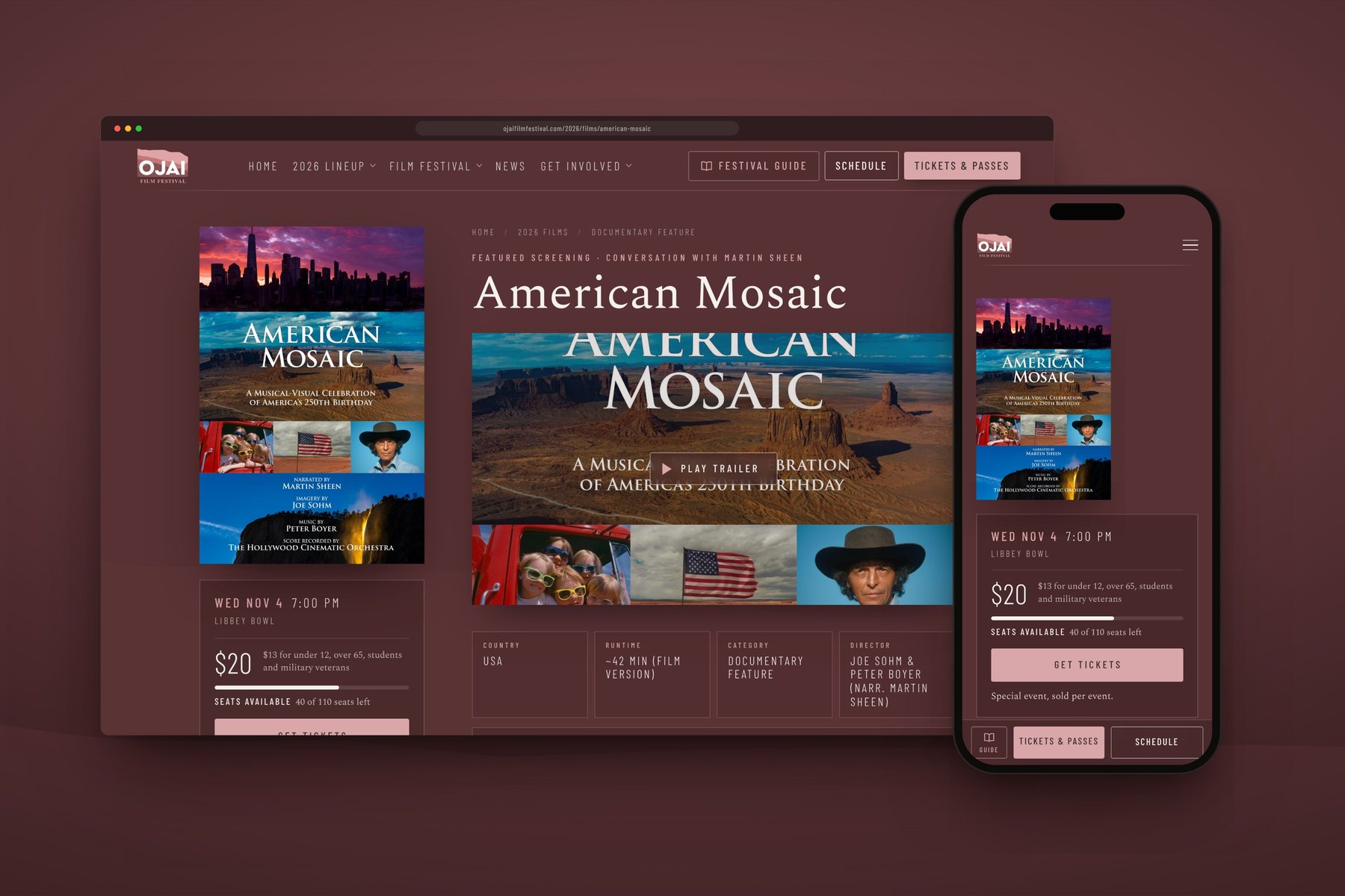The American Mosaic film page on desktop and phone