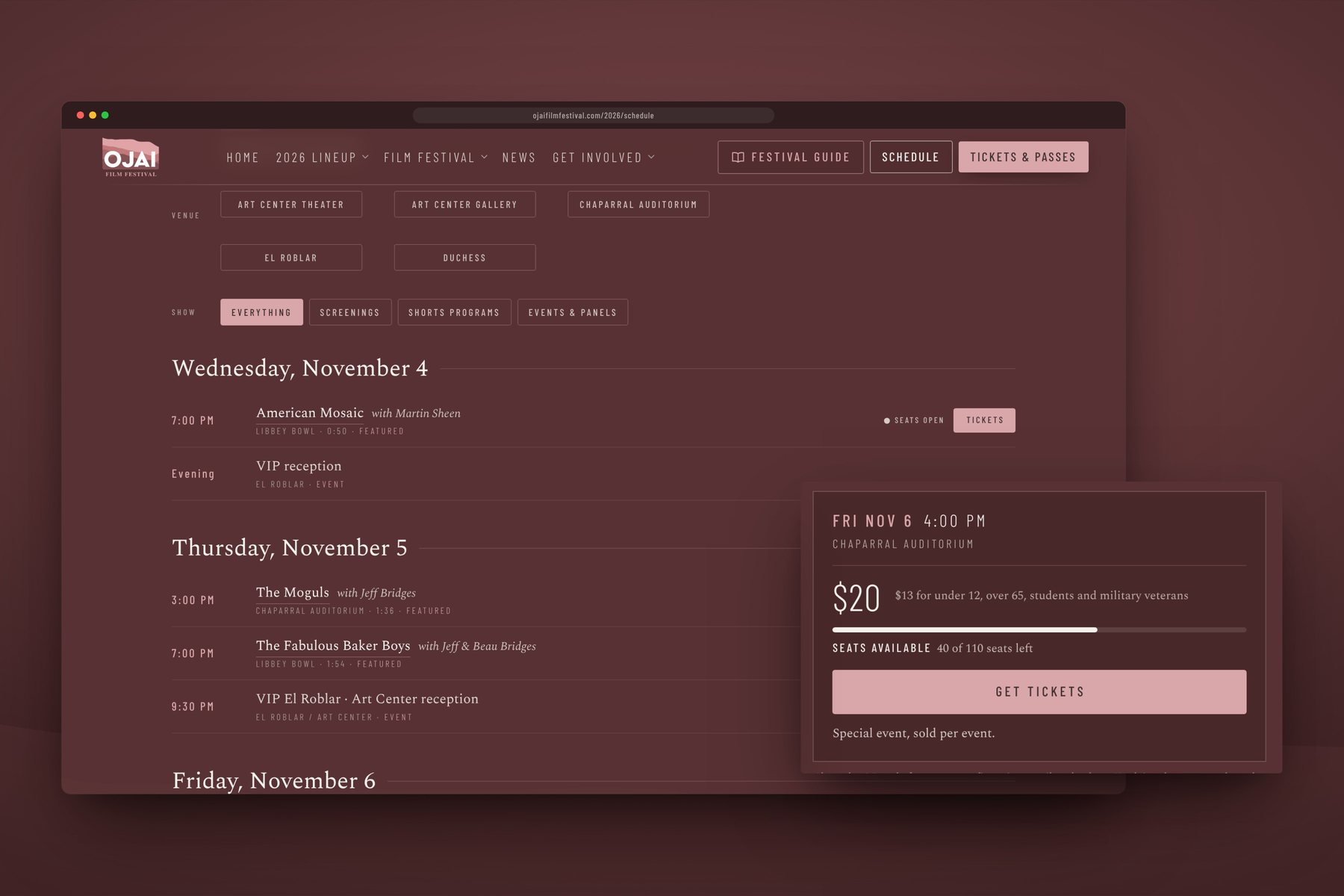 The schedule with the live ticket box